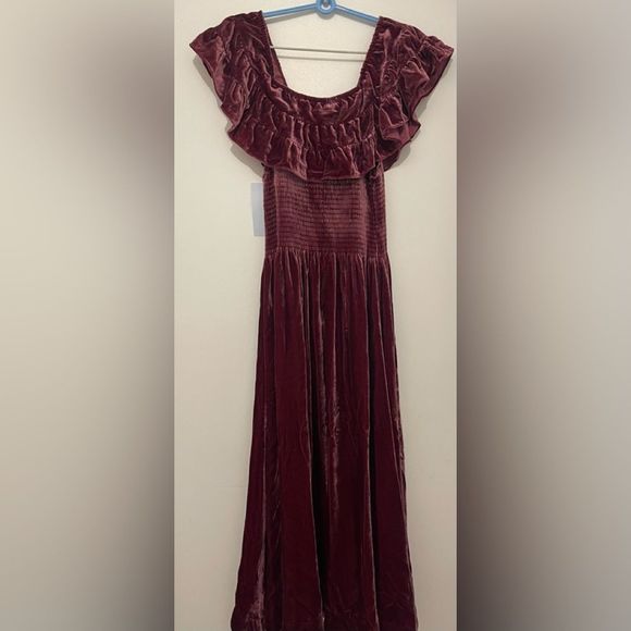 NWT Hill House Women's The Akilah Nap Midi Ruffle Dress Burgundy Velvet - Picture 8 of 14